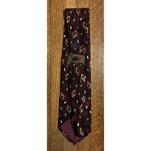 Boston Traders Men's Silk Tie, Geometric Design, Maroon/Green/Gold - Picture 2 of 2